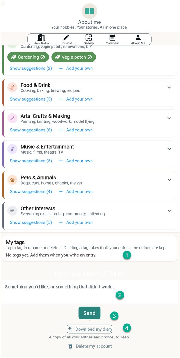 Lower down About Me: My tags, the Ideas or problems box with Send, Download my diary and Delete my account