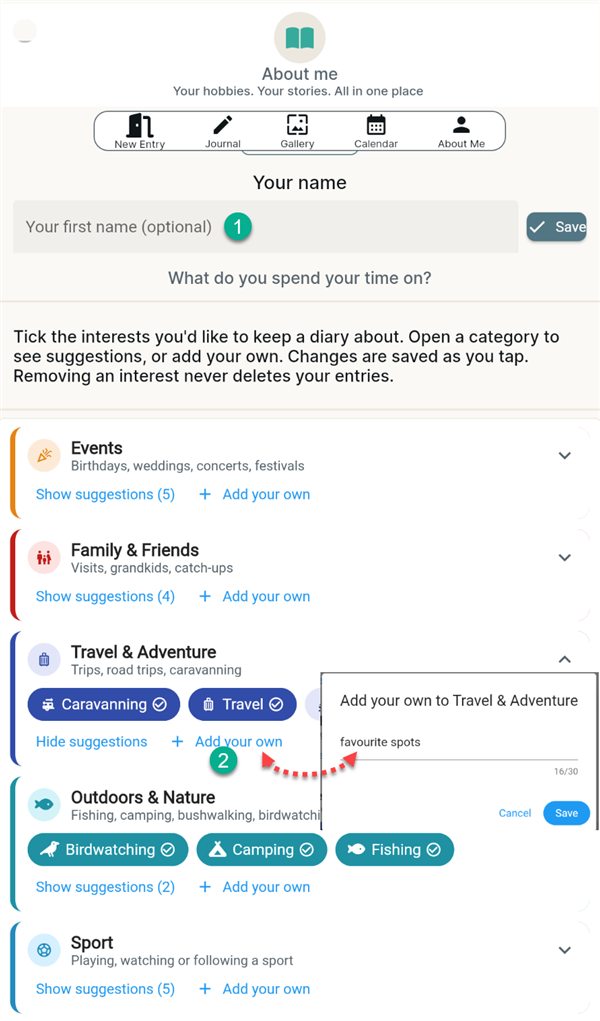 About Me: the name box and the categories with Add your own
