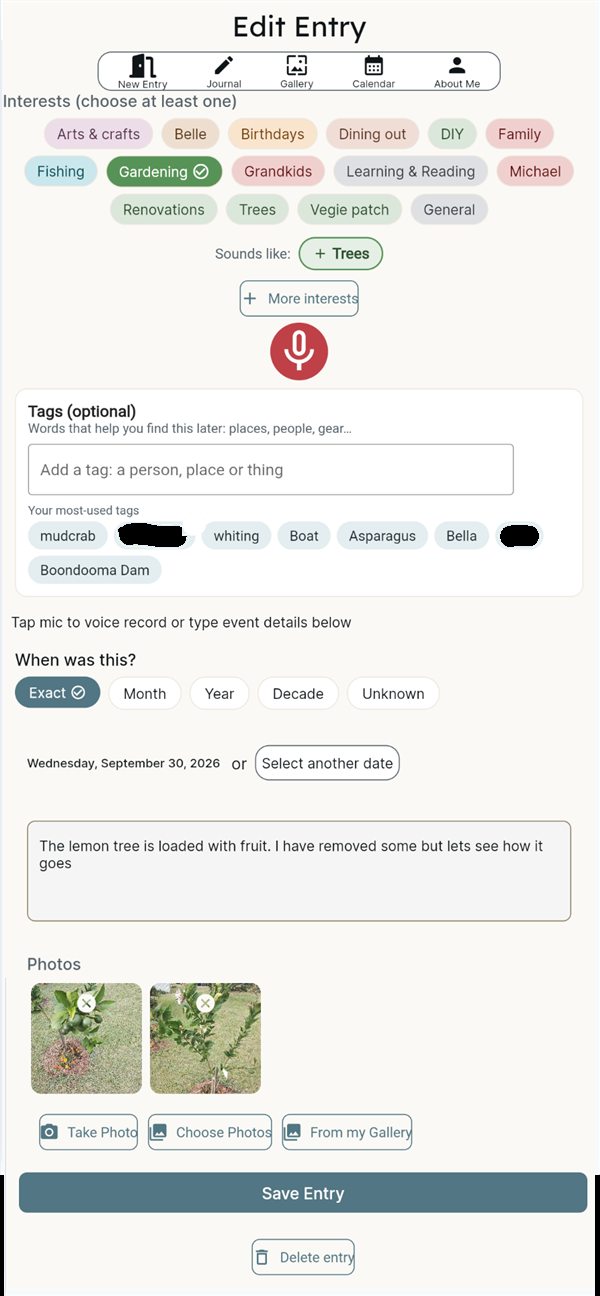 The Edit Entry page with interests, tags, date, text, photos, Save Entry and Delete entry
