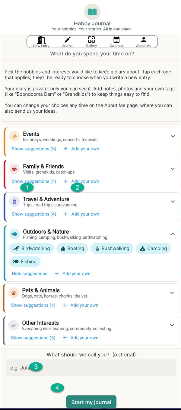 The first-time setup page: categories with Show suggestions and Add your own, a name box and Start my journal
