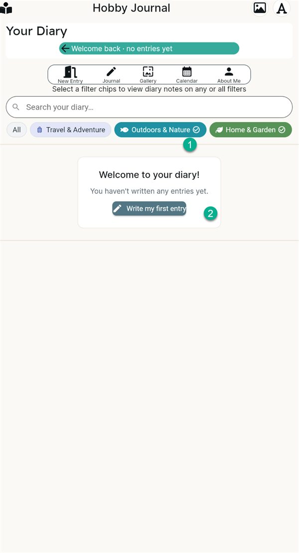 An empty Journal saying Welcome to your diary, with a Write my first entry button
