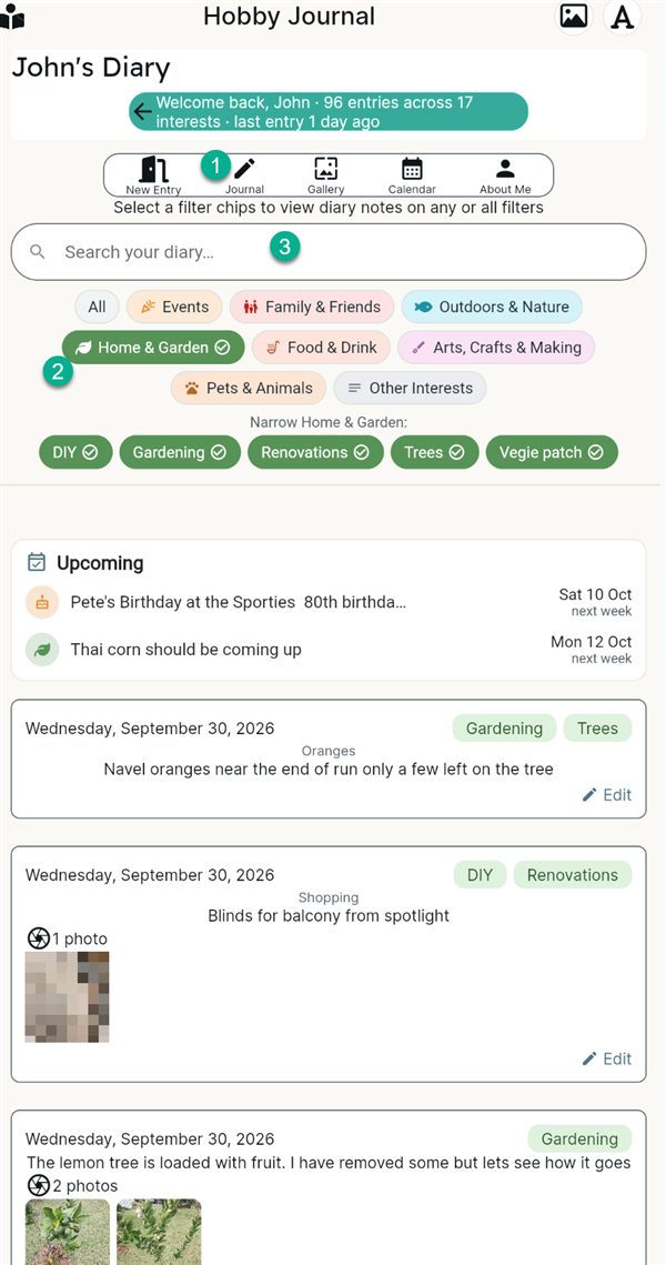The Journal with colour buttons, Narrow interests, the Upcoming list and entries