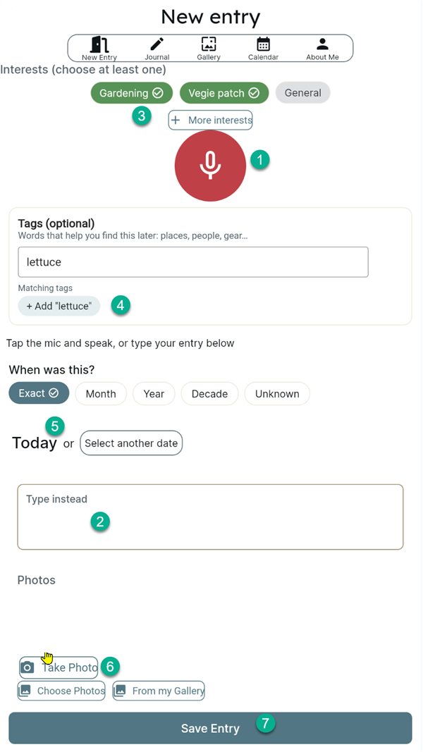 The New Entry page, numbered 1 to 7: microphone, Type instead box, interests, tags, date, photo buttons and Save Entry