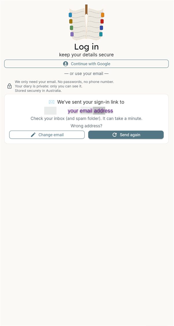The message saying your sign-in link has been sent, with Change email and Send again buttons