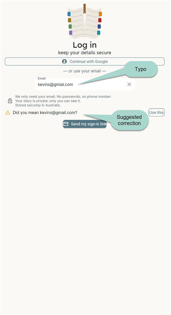 A typing slip in the email address, with the app suggesting the corrected address and a Use this button